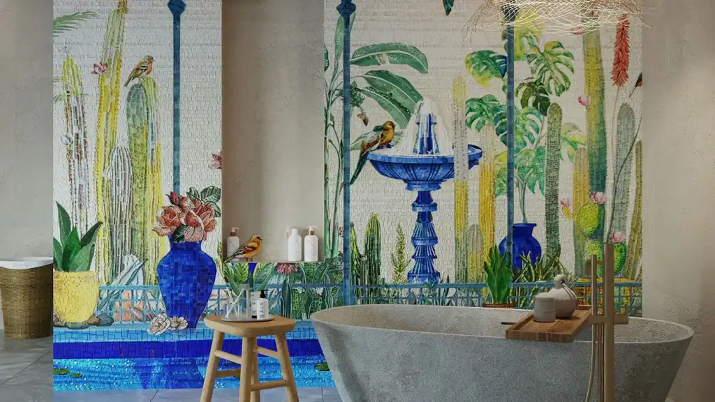 Custom tropical mosaic wall with birds, vases, and fountain behind bathtub in luxury bathroom interior.