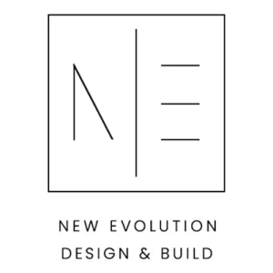 New Evolution Design & Build logo with minimalist NE initials inside a square, modern architectural branding.