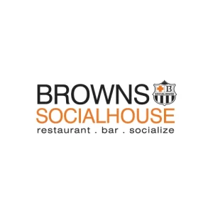 Browns Socialhouse logo with orange and black text, crest emblem, and restaurant-bar-socialize tagline.