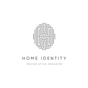 Minimalist Home Identity logo with abstract "H" design and tagline: design, style, organize underneath.