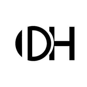 Bold black initials "DH" logo with minimalist circular design merged into the letter D.