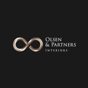 Olsen & Partners Interiors logo with infinity symbol on black background in elegant metallic finish.