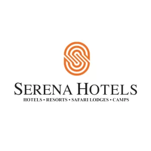 Serena Hotels logo with orange emblem, offering hotels, resorts, safari lodges, and luxury camps.