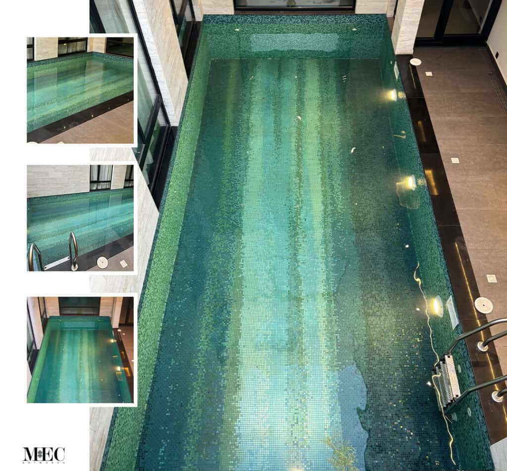 linear pool mosaic design green and blue tones
