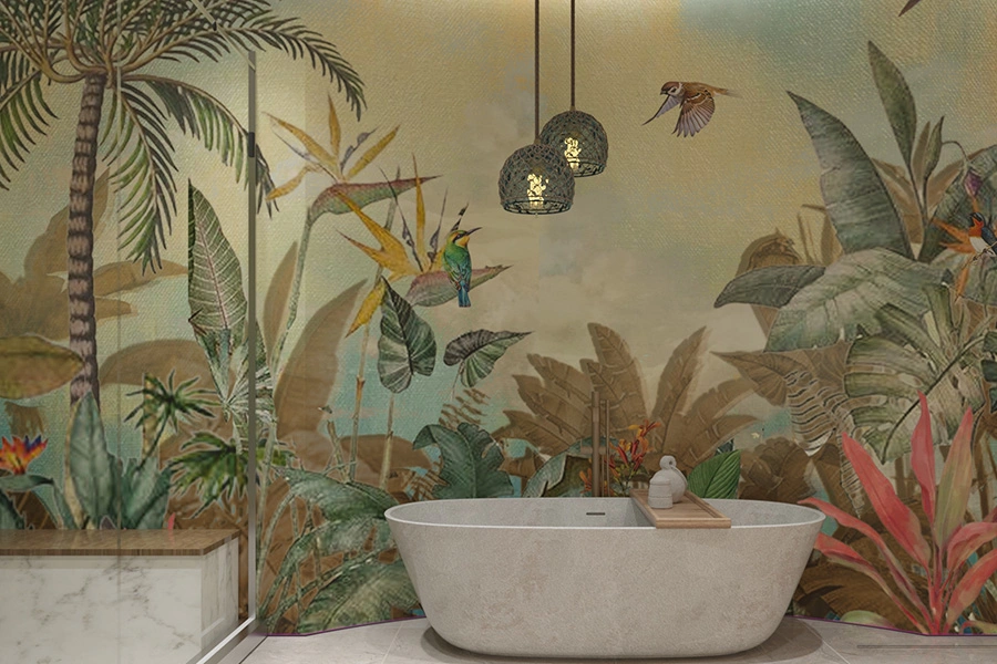 Modern spa-style bathroom with jungle mural, sleek stone bathtub, hanging lamps, and tropical luxury aesthetic.
