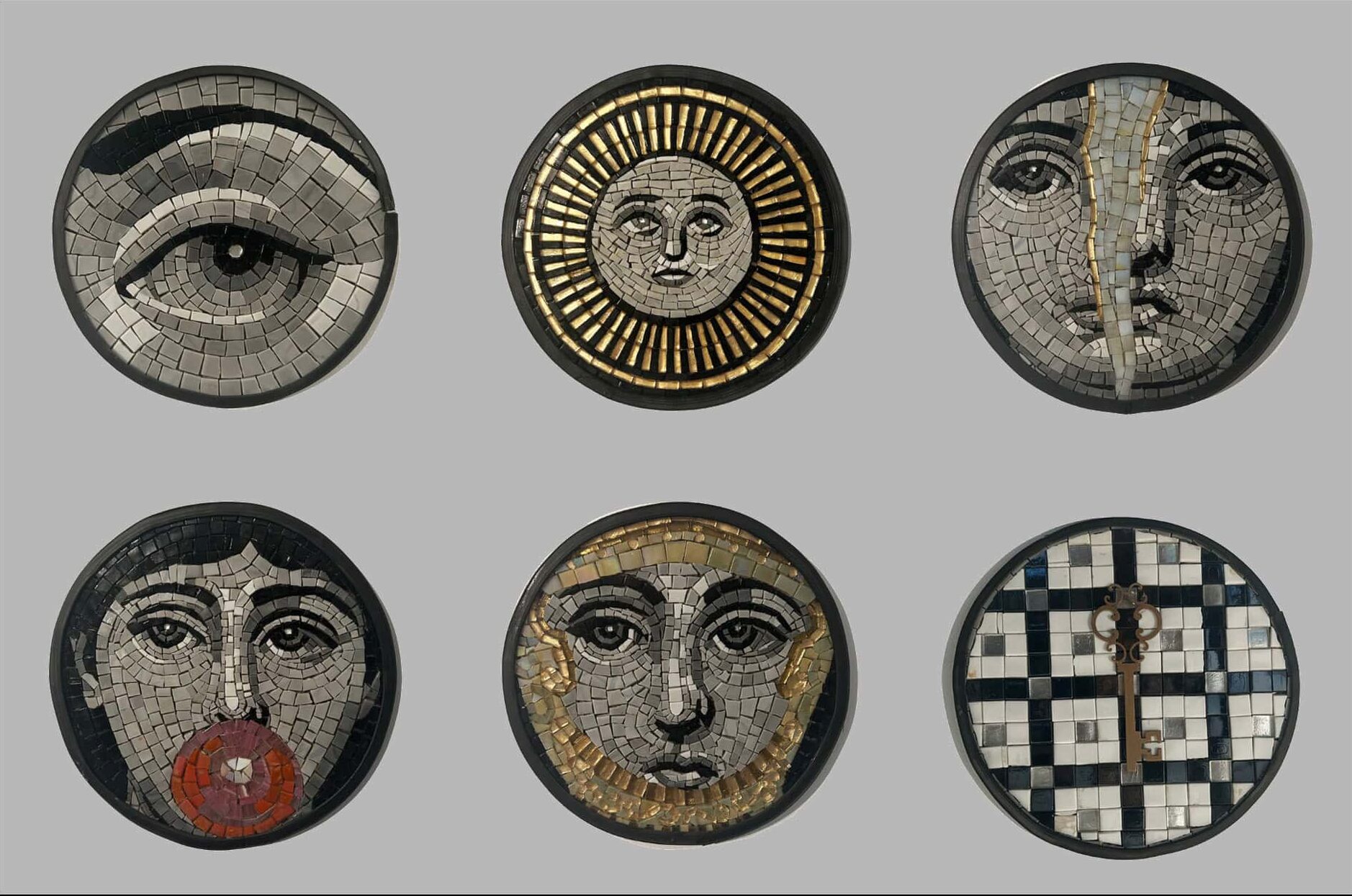 These stunning mosaic medallions display artistic faces, celestial motifs, and geometric designs with elegant detail.