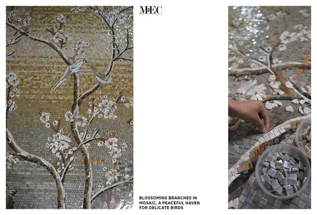 orchid blossoming branches in mosaic, a peaceful haven for delicate birds tile art