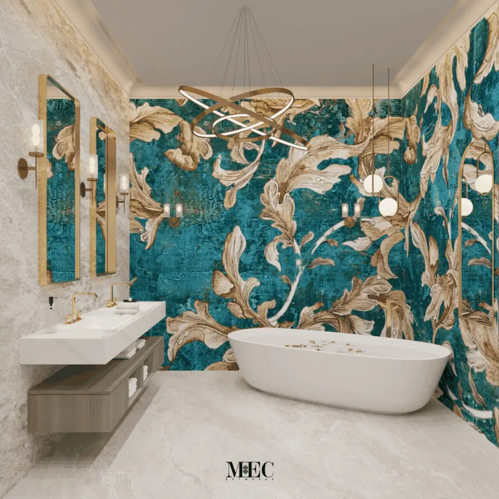 golden leaves on aquamarine background bathroom backsplash