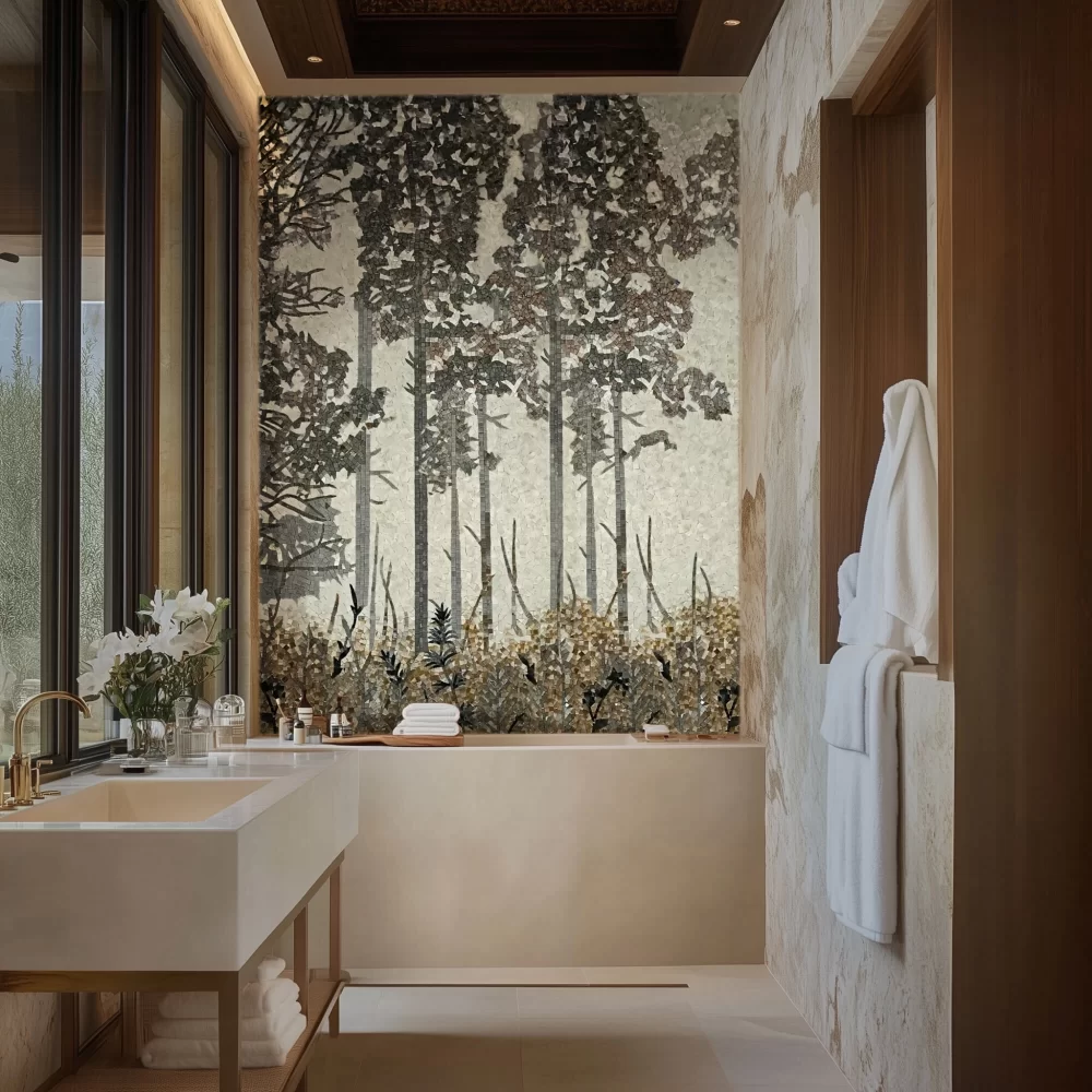 Elegant bathroom featuring a large forest-themed mosaic wall above a bathtub, with beige stone walls, wooden accents, and a modern sink design.