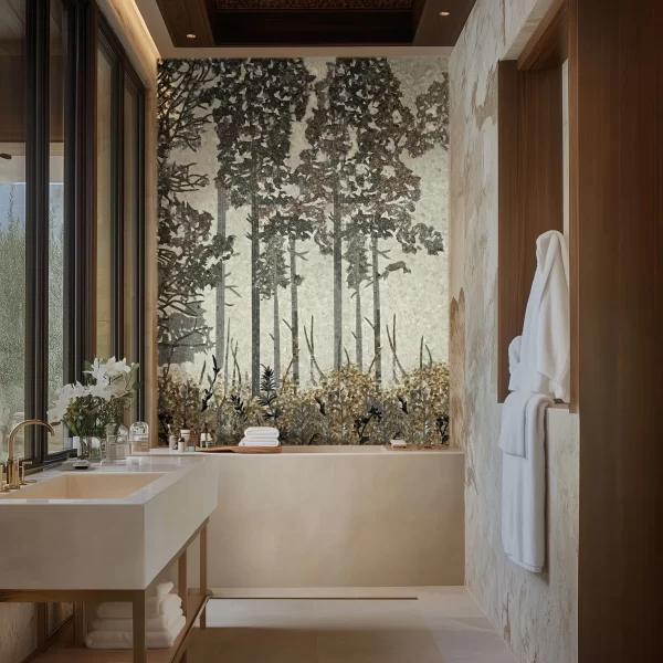 Elegant bathroom featuring a large forest-themed mosaic wall above a bathtub, with beige stone walls, wooden accents, and a modern sink design.