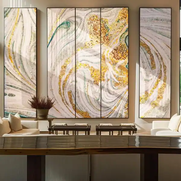 Custom Mosaic Mural with Dynamic Marble Effect Multi-panel mosaic wall mural with swirling abstract patterns in white, gold, and soft green tones, installed as a feature wall in a tall living room interior.