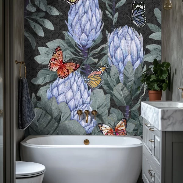 Bespoke floral mosaic artwork featuring butterflies and lavender-toned blooms against a dark textured background, installed as a bathroom wall feature.