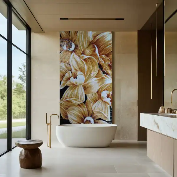 Decorative Floral Mosaic Artwork in Gold Tones Luxury bathroom featuring a striking golden floral mosaic wall above a freestanding white bathtub, complemented by beige stone walls, large windows, and modern fixtures.
