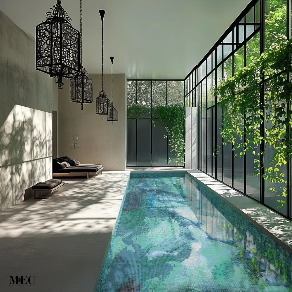 Indoor lap pool finished with aqua and emerald glass mosaic tiles, featuring a reflective surface and seamless rectangular layout.