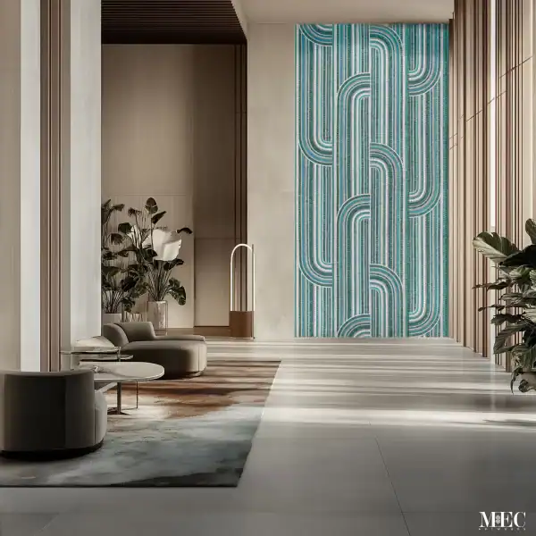 Geometric Mosaic wall Featuring Linear Patterns Mosaic wall mural featuring turquoise and white linear patterns with curved geometric forms, installed on a tall feature wall in a modern interior.