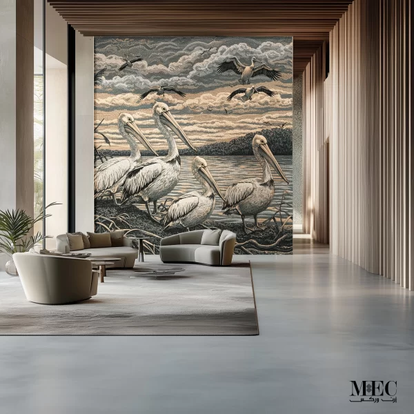 Large wall mosaic mural featuring pelicans by the water with flying birds and clouds, crafted in neutral beige, gray, and black glass tiles.