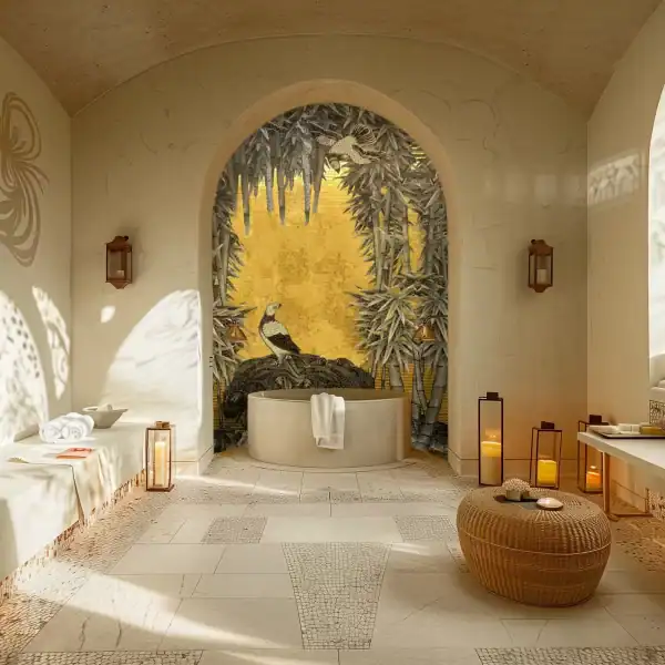 Nature-Inspired Mosaic Artwork with Tropical Theme Mosaic art for bathroom, exotic design with a golden background, bird and foliage, custom wall art by MEC,