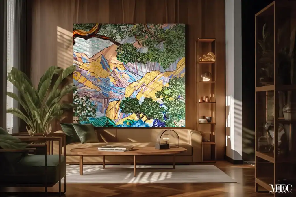 Mosaic mural featuring golden mountain peaks, lush green trees, and layered textures in shades of blue, yellow, and earthy tones, displayed as a nature-inspired wall art piece.