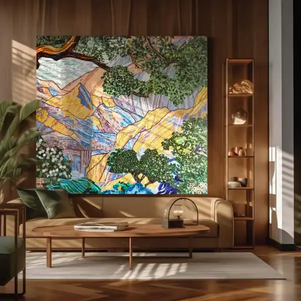 Nature Panorama Mosaic Mural Mosaic mural featuring golden mountain peaks, lush green trees, and layered textures in shades of blue, yellow, and earthy tones, displayed as a nature-inspired wall art piece.