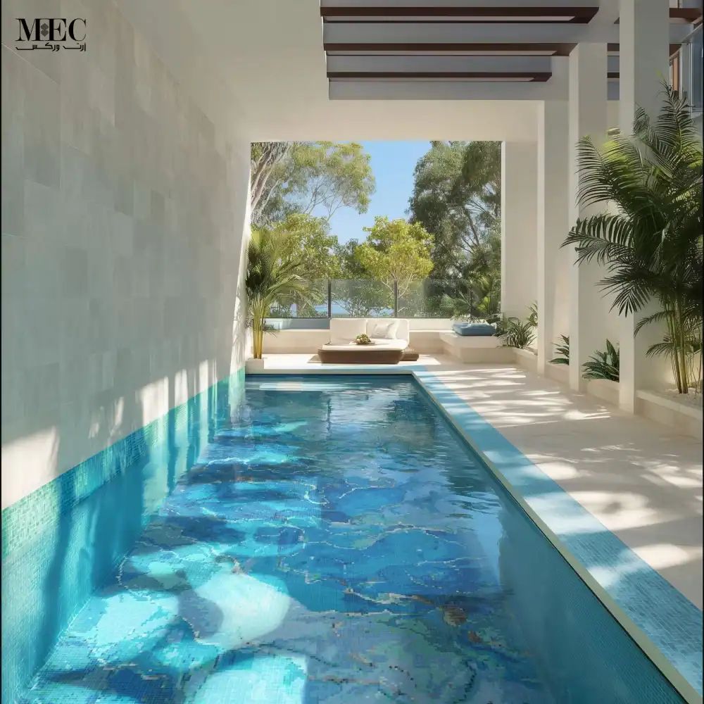 pool with layered blue mosaic tiles in a seamless grid, creating a calm ocean-inspired design.