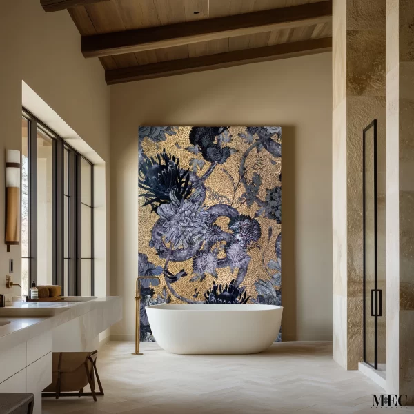 Bespoke floral mosaic artwork featuring detailed blue and purple flowers on a shimmering gold background, installed behind a bathtub in a neutral-toned interior.