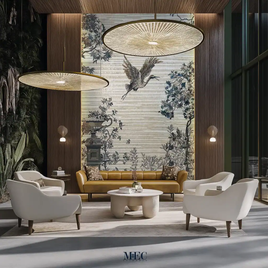 Mosaic wall mural depicting a crane in flight with detailed trees and foliage, set as a large decorative art piece in a modern lounge interior with seating and pendant lighting.
