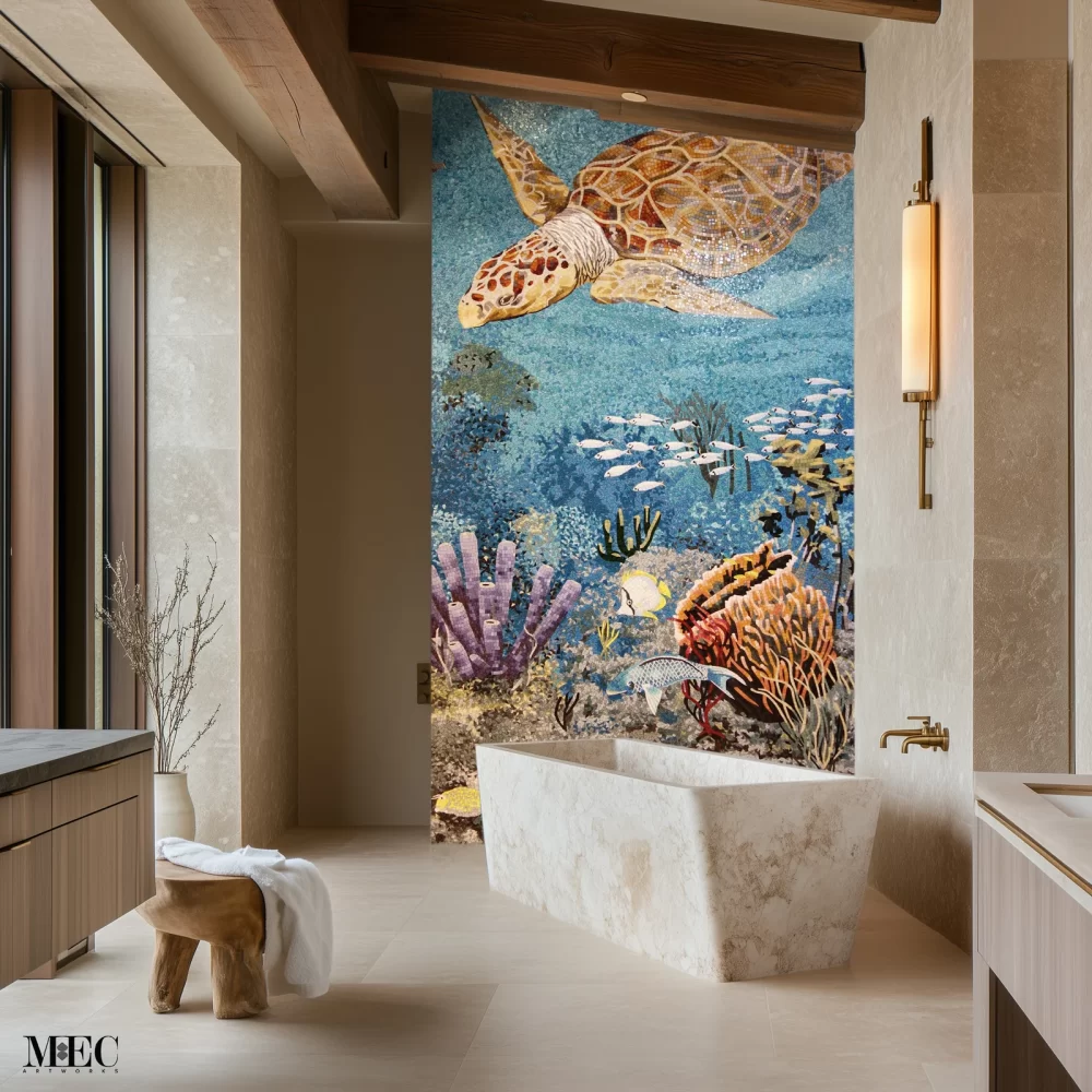 Mosaic wall mural depicting a sea turtle swimming above colorful coral reefs and schools of fish in a detailed underwater scene, installed in a bathroom interior.