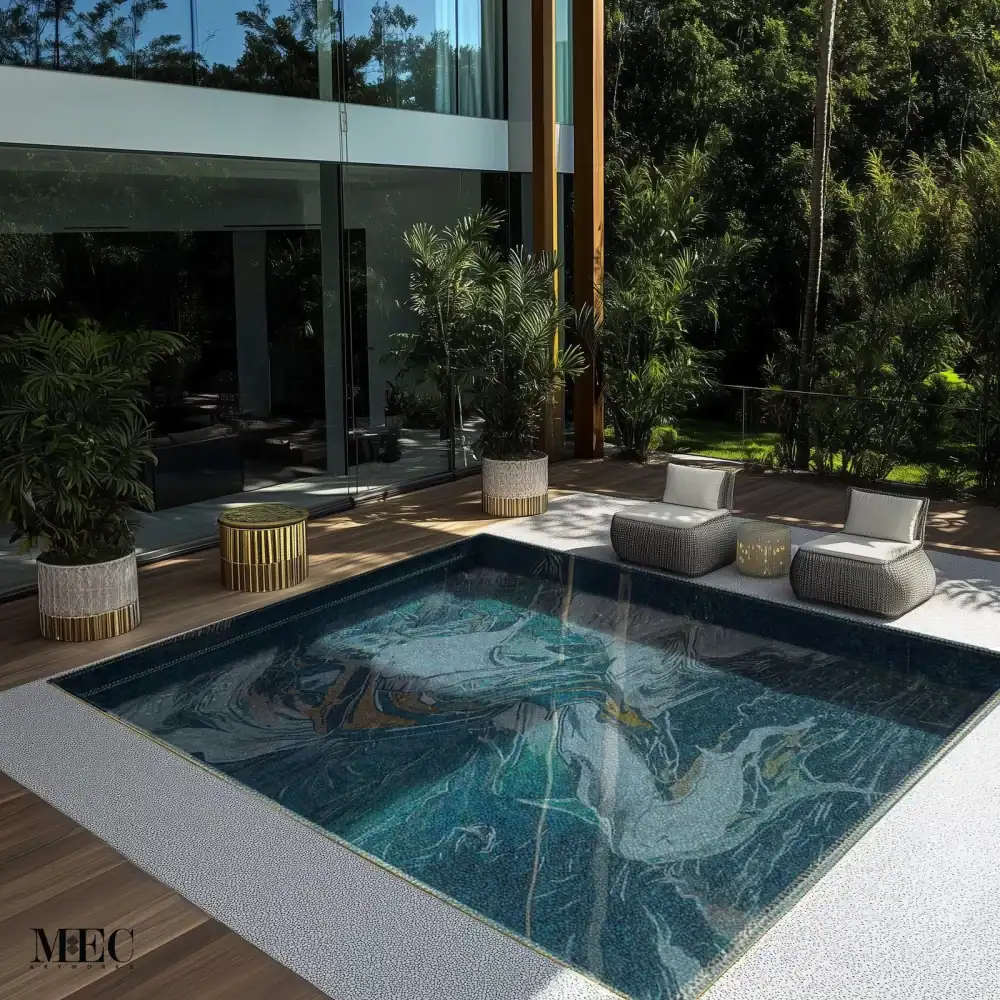 Square outdoor pool with marble-inspired mosaic tiles in teal, aqua, and white tones, featuring a reflective surface and artistic wave pattern.