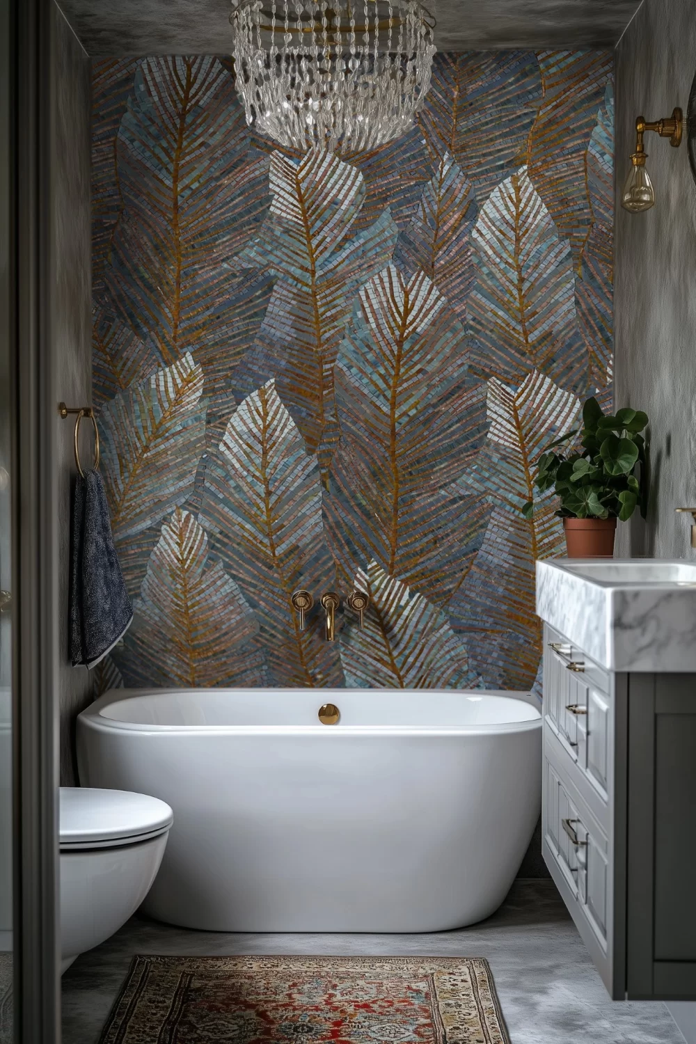 Mosaic portrait for bathroom, modern abstract face art, custom wall art by MEC, cubist design, handcrafted mosaic.