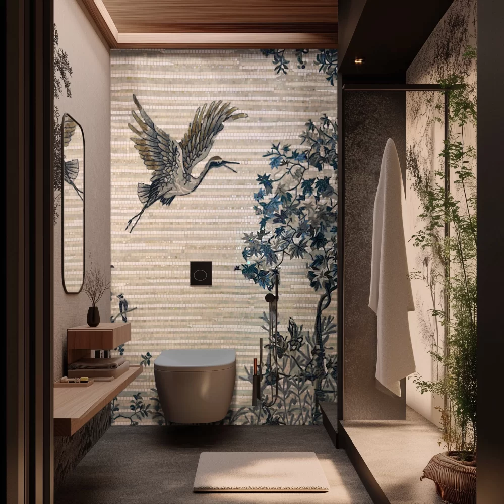 Mosaic wall mural depicting a flying crane with outstretched wings alongside detailed blue floral patterns on a neutral striped background, installed in a modern bathroom.