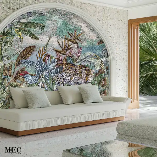 The Leopard's Hideaway Bespoke Mosaic Wall mosaic artwork depicting a leopard resting gracefully within lush tropical plants and layered greenery under a soft sky backdrop.