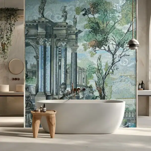 The Roman Sanctuary Art Mosaic Mosaic wall mural depicting classical architecture with tall columns, statues, and surrounding trees in soft blue, green, and earthy tones, installed behind a bathtub.