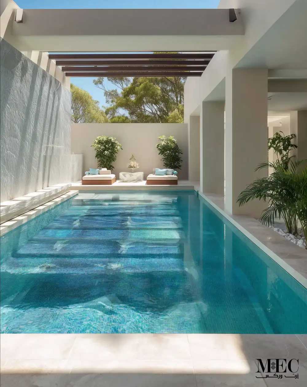 Clear view of a swimming pool featuring a rectangular design with shimmering blue water and mosaic pool tiles forming a geometric pattern.