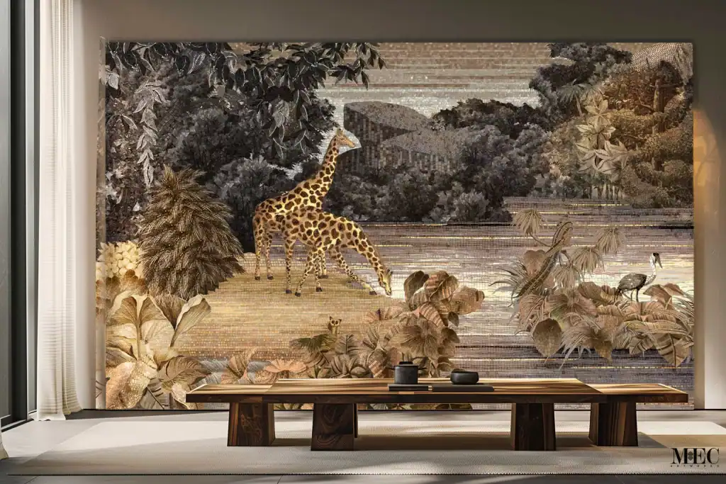 Mosaic wall mural depicting two giraffes drinking water, surrounded by trees, foliage, and wildlife in earthy brown and green tones.