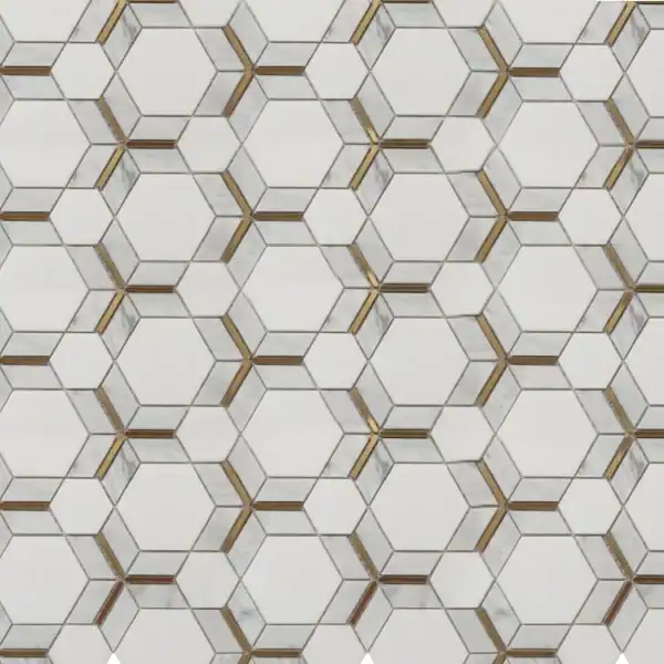 3D Prism Effect Marble Mosaic “Hexagonal prism marble mosaic tile with white marble, subtle grey veining, and golden inlay accents, creating a 3D geometric illusion for luxury walls and floors.