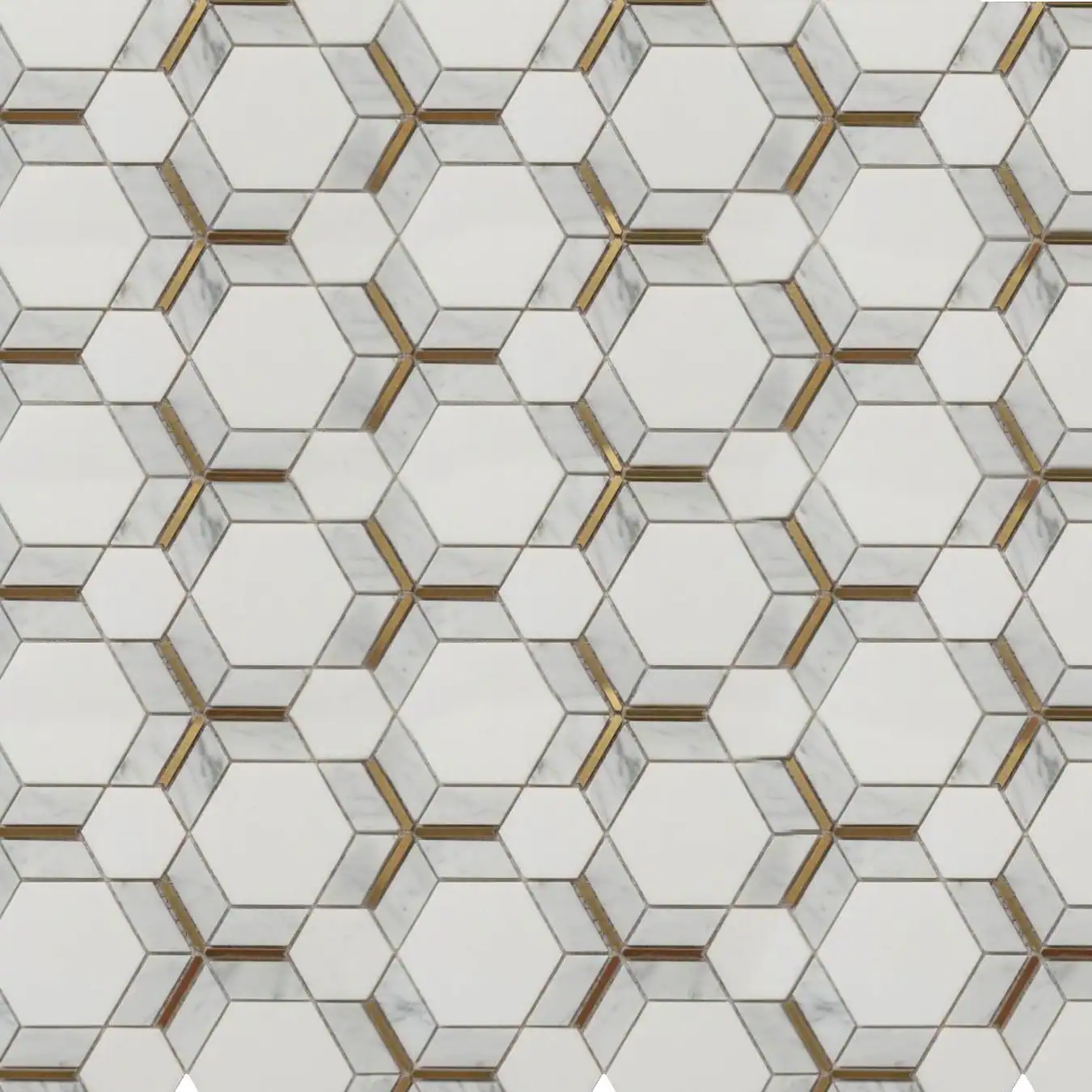 “Hexagonal prism marble mosaic tile with white marble, subtle grey veining, and golden inlay accents, creating a 3D geometric illusion for luxury walls and floors.