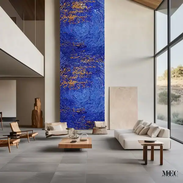 Abstract Blue Gold Ripple Mosaic Panel abstract wall mosaic mural featuring deep blue glass tiles with golden ripple accents, designed as a statement art panel for modern interiors.
