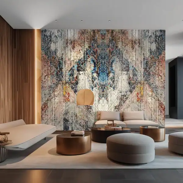 Abstract Symmetry Mosaic Mural Abstract wall mosaic mural with symmetrical patterns in blue, ivory, blush, and earthy tones, crafted from glass mosaic tiles for modern interiors.