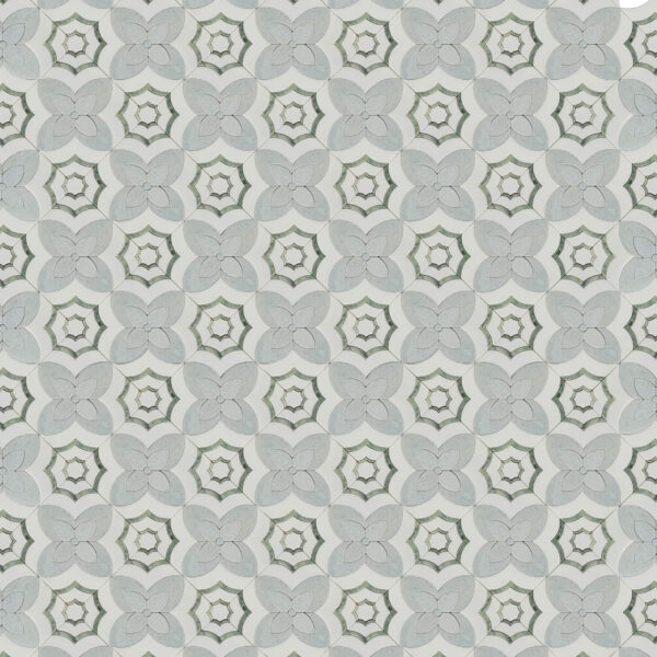 Arctic Bloom Marble Mosaic Light grey and white marble mosaic with interlocking floral and star-shaped patterns, creating a soft, symmetrical, and elegant geometric design.