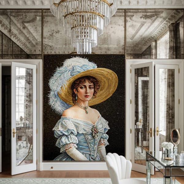 Aristocratic Lady Mosaic Portrait Handcrafted mosaic portrait of an aristocratic lady in a blue period gown with a wide-brimmed hat, set as a luxury wall mural.