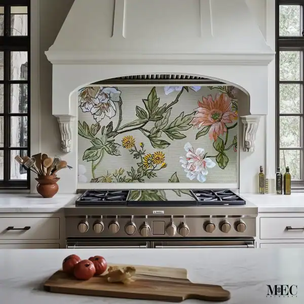 Art Nouveau Kitchen Bloom Floral mosaic backsplash in a modern kitchen featuring colorful flowers and green leaves behind a stove.