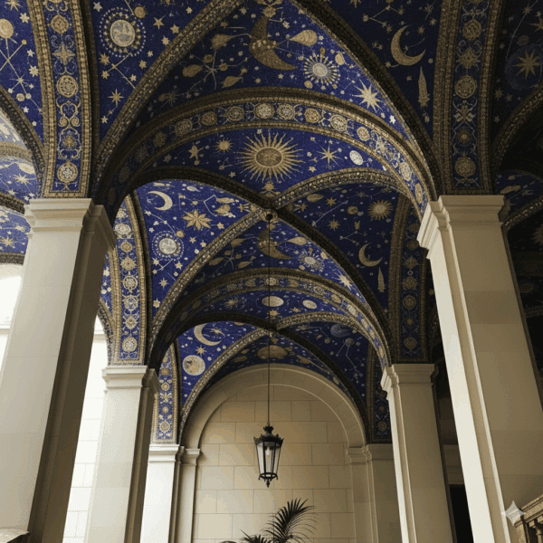 Astral Grandeur Mosaic Dome Majestic vaulted ceiling with a celestial mosaic design featuring golden suns, moons, stars, and constellations on a deep blue background.