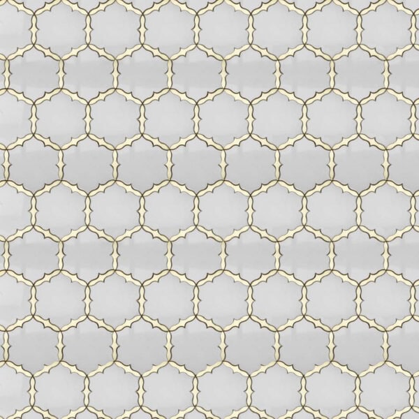 Aurelia Lattice Marble Mosaic White marble mosaic featuring interlocking arabesque shapes outlined in gold, creating an elegant and timeless geometric pattern.