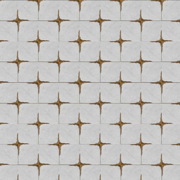 Bianco Gold Grid Marble Mosaic White marble mosaic featuring square tiles with golden star-shaped intersections, creating a refined geometric pattern with a luxurious touch.