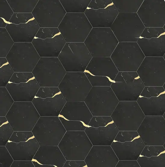 Luxurious black marble hexagon mosaic tile featuring delicate natural gold veining, creating a bold and elegant geometric design.