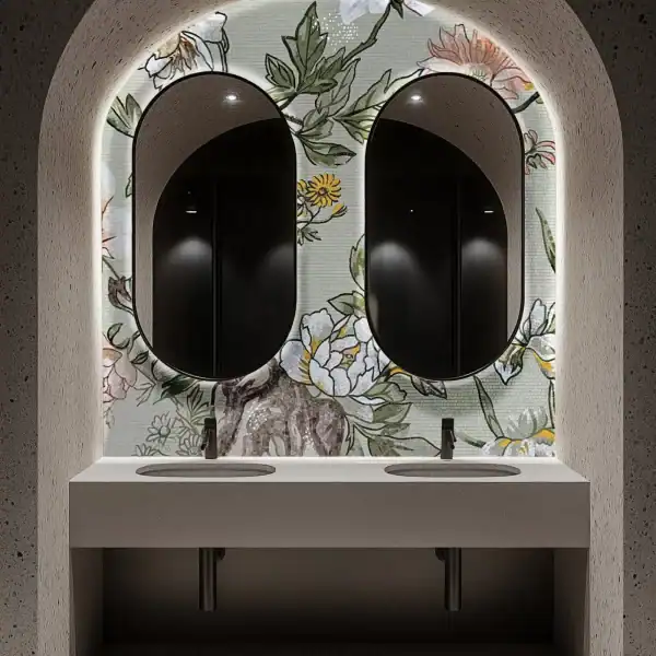 Blossom Grace Bathroom Mosaic Mural Bathroom mosaic mural with hand-cut glass tiles in floral patterns, featuring soft greens, whites, yellows, and peach tones, designed for vanity backsplash walls.