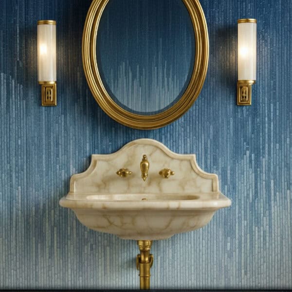 Blue Elegance Vanity Mosaic Wall Bathroom with a gold-framed oval mirror above a marble sink and gold fixtures, set against a blue gradient mosaic wall and black-and-white checkered floor