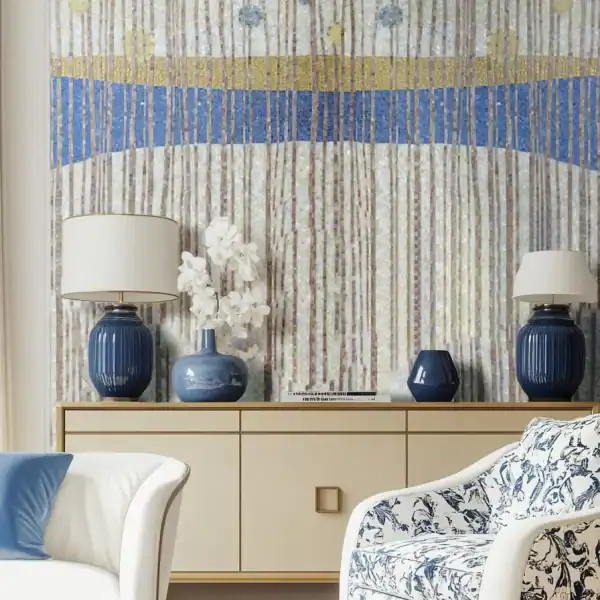 Blue Rhythm Mosaic Wall Mural Abstract mosaic wall featuring vertical striped patterns in soft neutrals with blue and gold accents, adding texture and elegance to a modern living space.