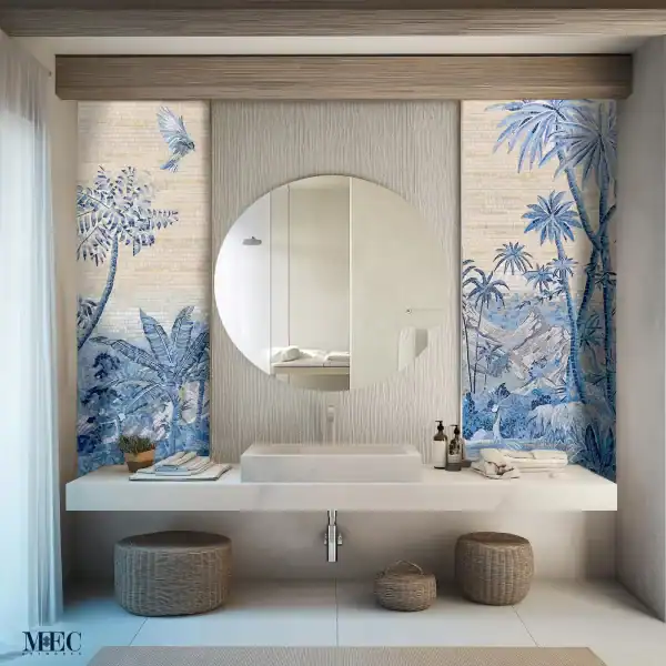 Blue Tropical Paradise Mosaic Mural Blue and white tropical mosaic mural featuring palm trees, mountains, and a flying bird, designed for bathroom walls with a serene coastal aesthetic.