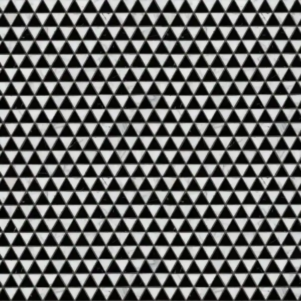 Bold Triangular Marble Mosaic Triangular Tile Design featuring repeating black and white triangle tesserae in a bold geometric pattern, ideal for modern walls, backsplashes, and flooring.